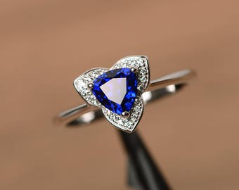 sapphire ring trillion cut September birthstone blue gemstone ring sterling silver engagement ring for women