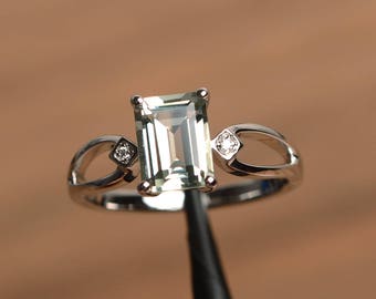 natural green amethyst ring promise ring emerald cut green gemstone sterling silver