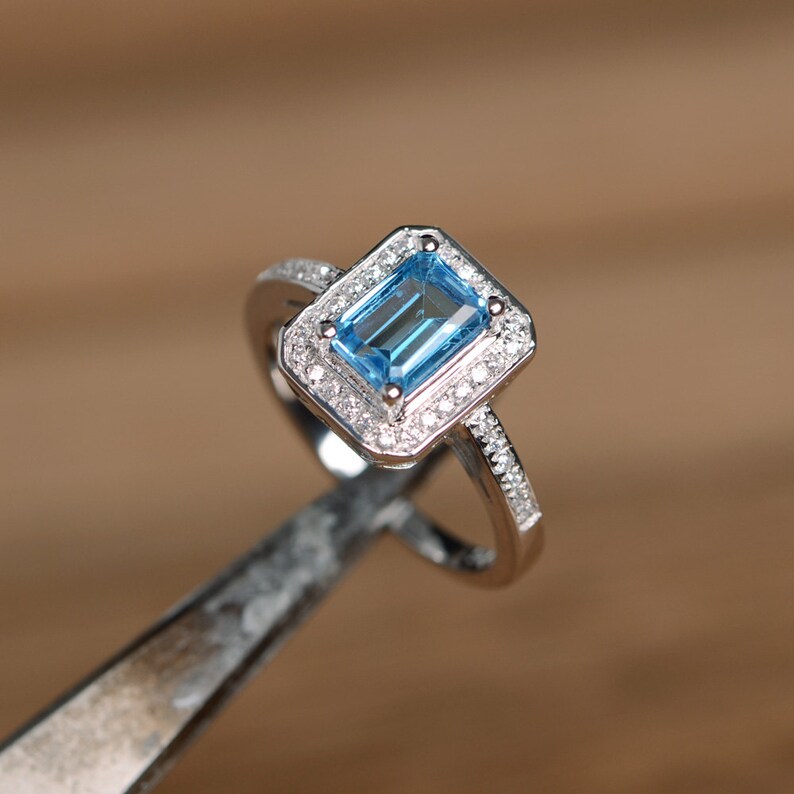 Emerald Cut Swiss Blue Topaz Halo Promise Ring Solid Silver - Etsy