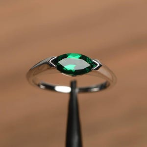 Emerald ring May birthstone marquise cut horizontal setting minimalist solitaire ring