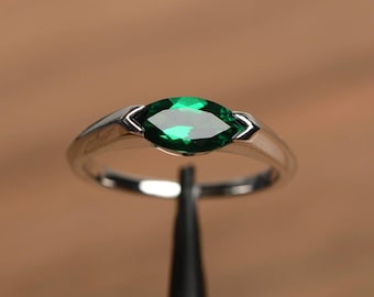 Emerald ring May birthstone marquise cut horizontal setting minimalist solitaire ring