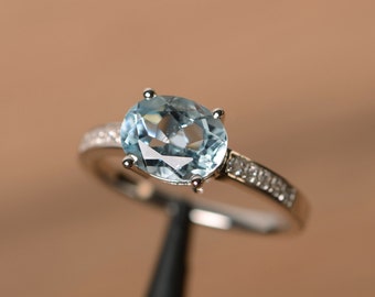 natural aquamarine ring March birthstone ring oval aquamarine promise ring