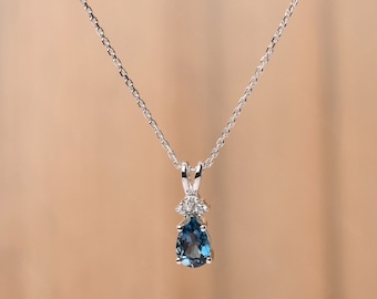 pear cut 1.66 carat London blue topaz pendant necklace delicate silver bridal necklace November birthstone