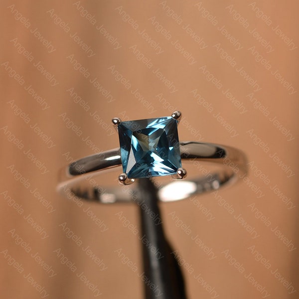 London blue topaz wedding ring princess cut sterling silver solitaire minimalist ring