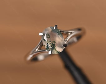 minimalist moss agate ring sterling silver oval cut 8x6 mm wedding ring gifts for women