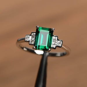 anniversary ring emerald ring emerald cut green gemstone sterling silver May birthstone ring