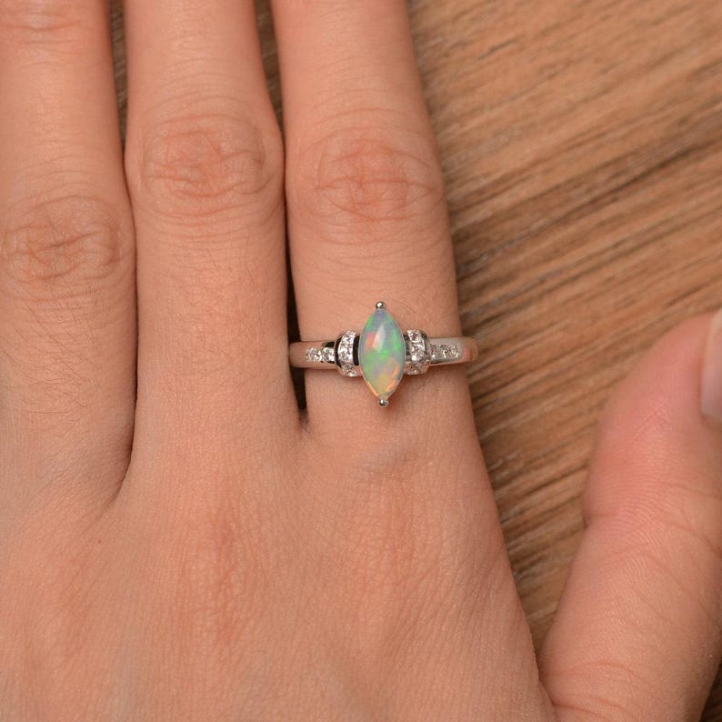 opal engagement ring natural white opal ring October birthstone marquise cut gemstone sterling silver ring image 4