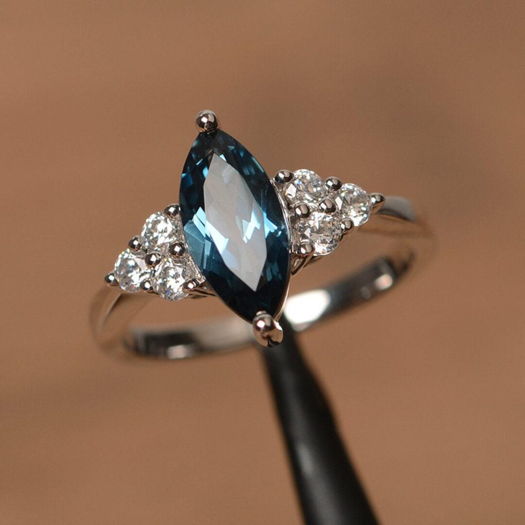 London Blue Topaz Ring Marquise Cut Blue Gemstone Ring Sterling Silver ...