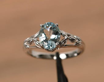 aquamarine twig wedding ring oval cut sterling silver March birthstone ring