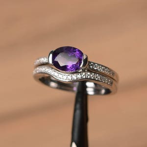 wedding ring natural amethyst ring oval cut purple gemstone February birthstone ring sterling silver ring