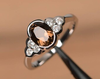 wedding ring natural smoky quartz ring oval cut brown gemstone sterling silver ring anniversary gifts