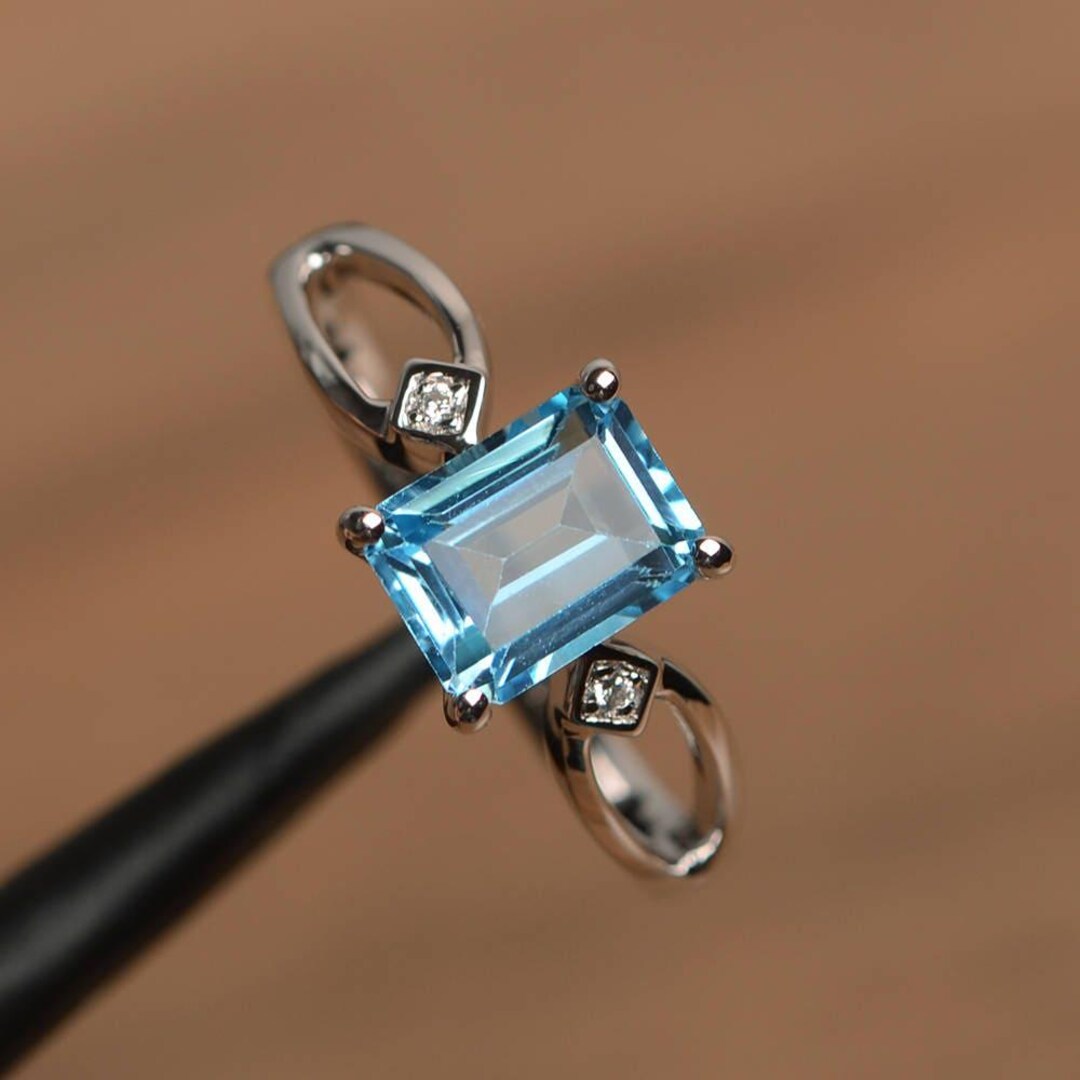 Swiss Blue Topaz Statement Ring Emerald Cut Sterling Silver Split Shank ...