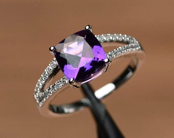 天然アメジストリング、紫色の宝石、プロミスリング、クッションカット、2月の誕生石リング、シルバーリング