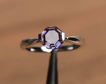 alexandrite ring engagement ring octagon cut gemstone sterling silver June birthstone color changing gems