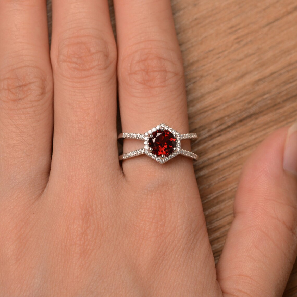 Hexagon halo engagement ring split band red gemstone Etsy
