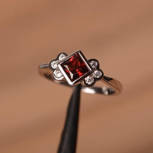 garnet ring princess cut sterling silver engagement ring January birthstone red gemstone ring