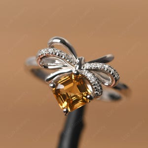 custom citrine ring sterling silver bowknot statement ring asscher cut November birthstone ring