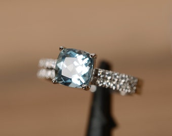 cushion cut natural aquamarine engagement ring March birthstone ring silver blue gemstone ring set wedding ring for women