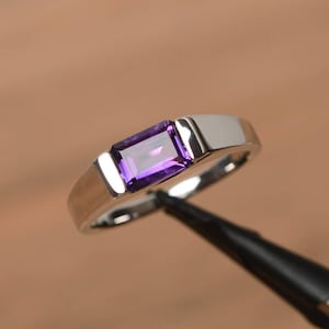 natural amethyst promise ring February birthstone sterling silver emerald cut horizontal ring
