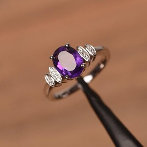 natural amethyst ring sterling silver wedding ring oval cut gemstone February birthstone ring