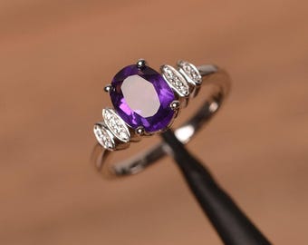 natuurlijke amethist ring sterlingzilveren trouwring ovaal geslepen edelsteen februari geboortesteenring