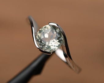 Green amethyst ring sterling silver round cut bezel setting engagement ring for women