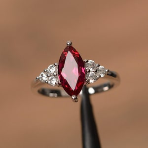 anniversary ring lab ruby ring July birthstone marquise cut red gemstone sterling silver ring