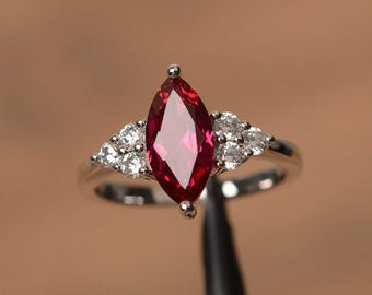 anniversary ring lab ruby ring July birthstone marquise cut red gemstone sterling silver ring