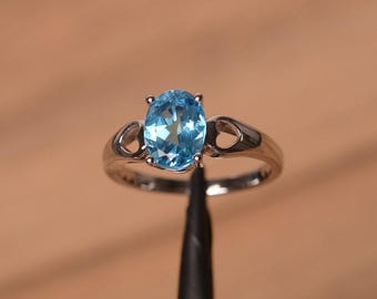 Swiss blue topaz promise ring oval cut sterling silver plain band simple November birthstone ring