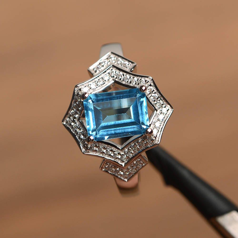 Swiss Blue Topaz Ring Emerald Cut Blue Gemstone Sterling Silver ...