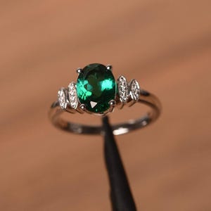 emerald ring engagement ring May birthstone oval cut green gemstone sterling silver ring personalized ring