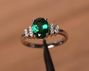 emerald ring engagement ring May birthstone oval cut green gemstone sterling silver ring personalized ring