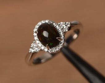 black opal ring silver halo ring oval cut engagement ring natural gemstone rings for women October birthstone