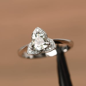 real natural green amethyst ring wedding anniversary ring trillion cut sterling silver ring gemstone ring gifts