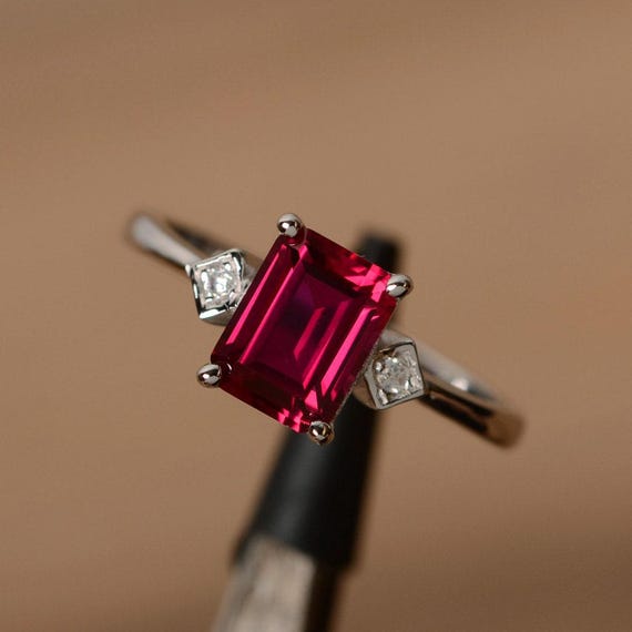 lab ruby ring emerald cut gemstone ring July birthstone ring promise ring for her multistone ring
