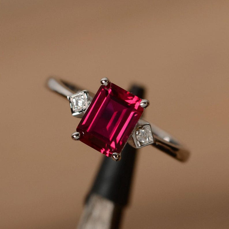 lab ruby ring emerald cut gemstone ring July birthstone ring promise ring for her multistone ring image 1