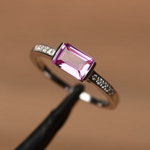 pink sapphire ring emerald cut gemstone silver ring wedding ring for women