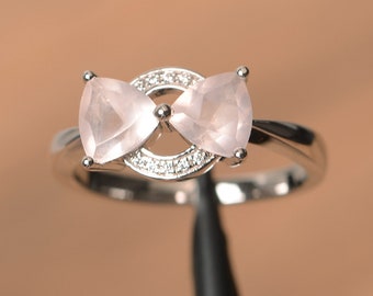 natural pink quartz ring wedding ring trillion cut pink gemstone sterling silver ring anniversary gifts