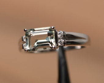 green amethyst ring sterling silver ring emerald cut engagement ring