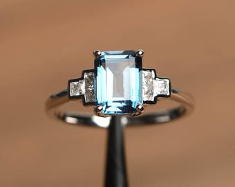 London blue topaz ring promise ring emerald cut blue gemstone sterling silver