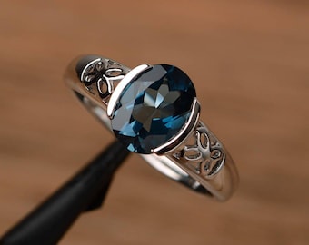 vintage London blue topaz filigree ring oval shaped sterling silver solitaire engagement ring