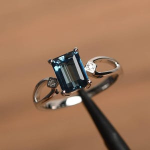 London blue topaz ring emerald cut blue gemstone ring sterling silver engagement ring