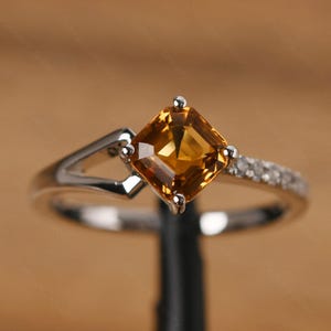 November birthstone ring silver asscher cut citrine hollow-out promise ring