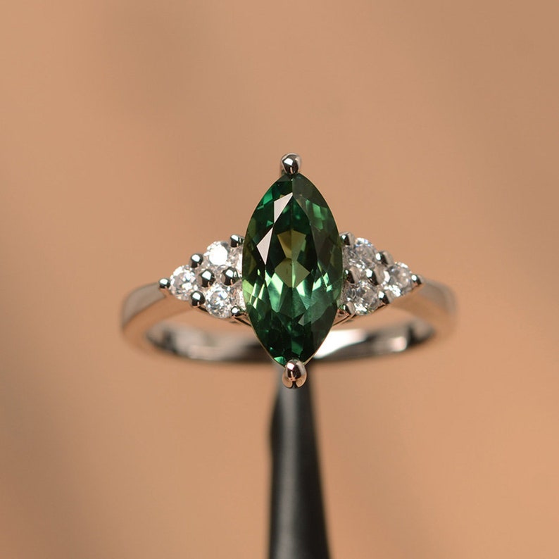 green sapphire ring green marquise cut gemstone ring white gold engagement ring