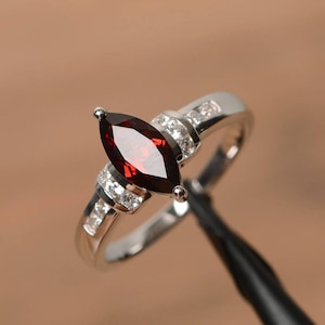 Marquise cut garnet ring sterling silver engagement ring for women January birthstone ring