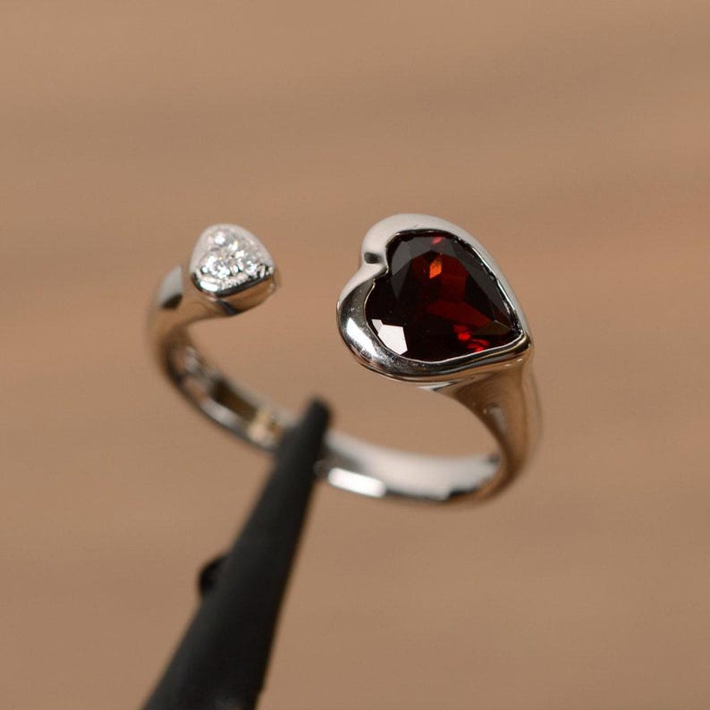 Heart cut red garnet ring sterling silver gemstone ring promise ring January birthstone ring image 3