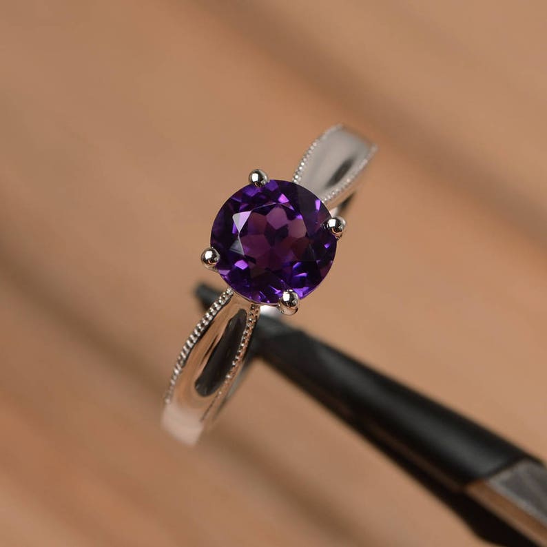 natural amethyst ring engagement ring solitaire ring sterling silver ring February birthstone ring round cut purple gemstone ring