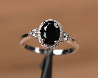 natural black spinel ring oval cut wedding engagement ring sterling silver ring Black ring