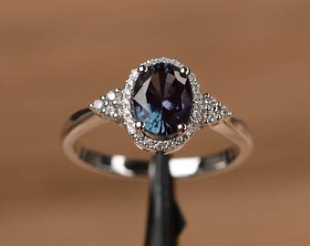 oval alexandrite promise ring sterling silver June birthstone color changing halo wedding ring