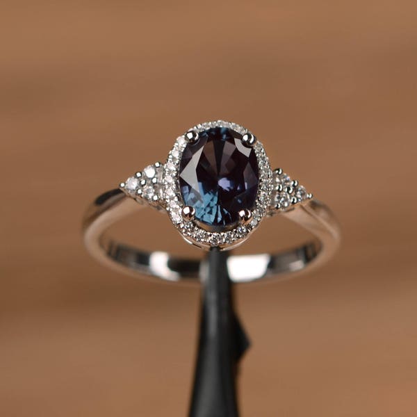 oval alexandrite promise ring sterling silver June birthstone color changing halo wedding ring